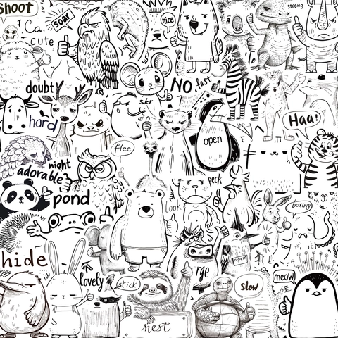 Cartoon Black White Animal Doodle Stickers Hand Drawn Waterproof PVC Decals For Laptop Luggage Guitar DIY Decoration