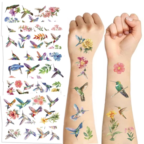 Watercolor Hummingbird Flower Temporary Tattoo Stickers Waterproof Body Art Stickers For Kids Women Party Decoration