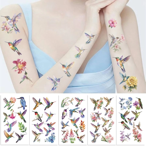 Watercolor Hummingbird Flower Temporary Tattoo Stickers Waterproof Body Art Stickers For Kids Women Party Decoration