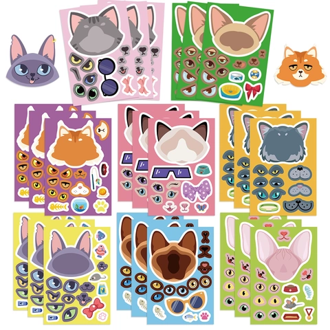 8 Styles Cartoon Cat Make A Face DIY Stickers For Kids Funny Expression Collage Decorative PVC Adhesive Journaling Decals
