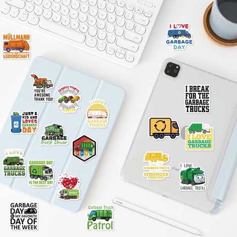 Cartoon Garbage Truck Stickers Waterproof PVC Decorative Decals For Laptop Guitar Luggage DIY Variety Engineering Vehicle Labels