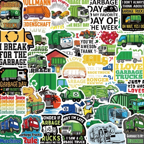 Cartoon Garbage Truck Stickers Waterproof PVC Decorative Decals For Laptop Guitar Luggage DIY Variety Engineering Vehicle Labels