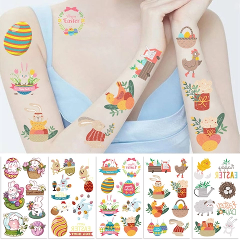 Easter Temporary Tattoo Stickers Waterproof Cartoon Rabbit Egg Chick For Kids Festive Party Decoration Disposable Tattoo Set