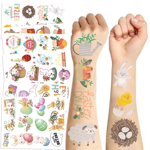 Easter Temporary Tattoo Stickers Waterproof Cartoon Rabbit Egg Chick For Kids Festive Party Decoration Disposable Tattoo Set