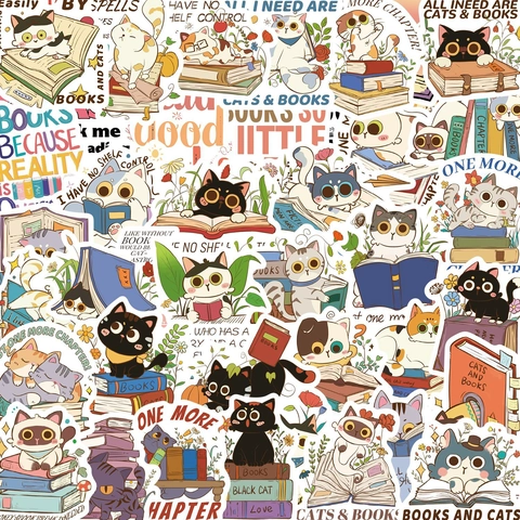 Cartoon Katze Und Buch Aufkleber Wasserdicht PVC Ästhetik Lesen Decals Für Laptop Journal Wasserflasche Scrapbooking DIY Dekoration