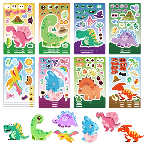 Cartoon Dinosaur Make A Face Stickers DIY Mix Match Craft Stickers For Kids Waterproof PVC Decorative Sticker Sheets