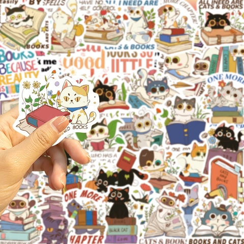 Cartoon Katze Und Buch Aufkleber Wasserdicht PVC Ästhetik Lesen Decals Für Laptop Journal Wasserflasche Scrapbooking DIY Dekoration
