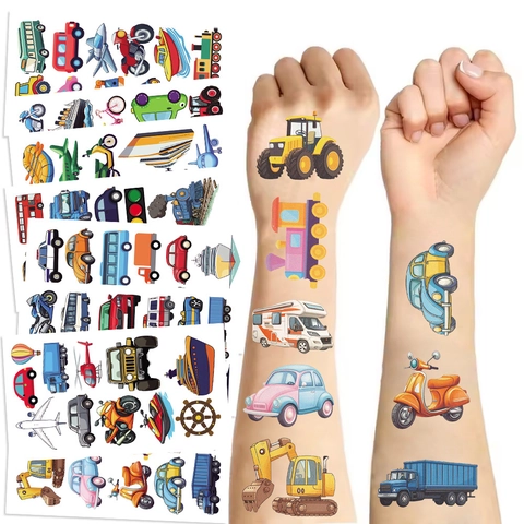 Tatouages Temporaires de Transport de Dessin Animé pour Enfants Imperméable Motif Voiture Avion Bateau Autocollants Corporels pour Fête