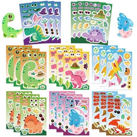 Cartoon Dinosaur Make A Face Stickers DIY Mix Match Craft Stickers For Kids Waterproof PVC Decorative Sticker Sheets