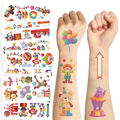 Wasserdicht Cartoon Zirkus Thema Temporäre Tattoo Aufkleber Für Kinder Geburtstag Party Lustige Clown Tier Magier Dekore