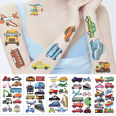 Tatouages Temporaires de Transport de Dessin Animé pour Enfants Imperméable Motif Voiture Avion Bateau Autocollants Corporels pour Fête