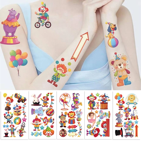 Wasserdicht Cartoon Zirkus Thema Temporäre Tattoo Aufkleber Für Kinder Geburtstag Party Lustige Clown Tier Magier Dekore