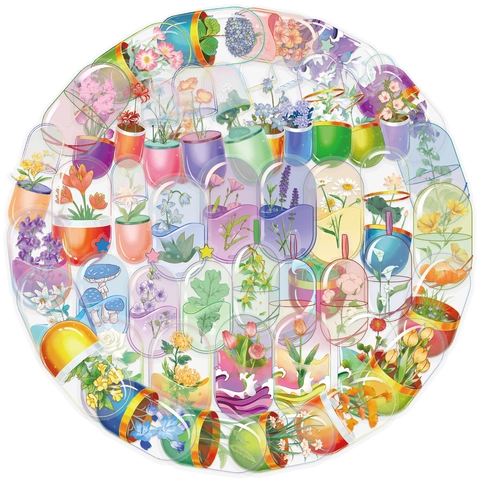Artistic Transparent PET Flower Capsule Stickers Waterproof Botanical DIY Decals For Laptop Scrapbooking Guitar Stationery