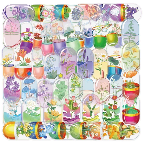 Artistic Transparent PET Flower Capsule Stickers Waterproof Botanical DIY Decals For Laptop Scrapbooking Guitar Stationery
