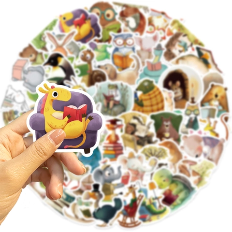 Cartoon Animals Reading Books Stickers Waterproof PVC Decals For DIY Laptop Guitar Skateboard Stationery Scrapbooking Journaling
