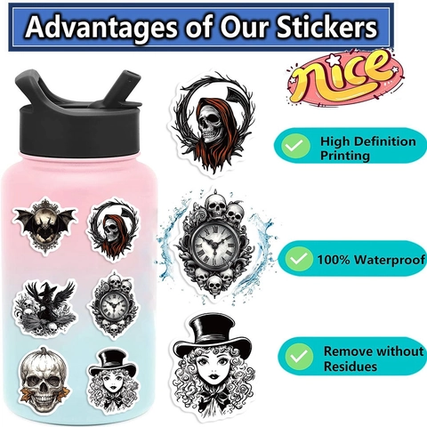 Adesivi Gotici Horror Bianco E Nero Teschio Strega Zucca Impermeabili in PVC Per Laptop Chitarra Bagaglio Skateboard DIY Decorazione