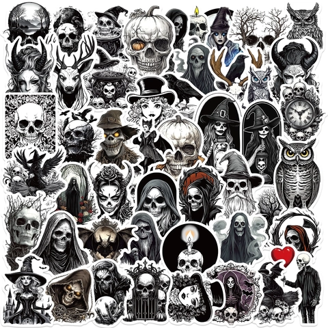 Adesivi Gotici Horror Bianco E Nero Teschio Strega Zucca Impermeabili in PVC Per Laptop Chitarra Bagaglio Skateboard DIY Decorazione