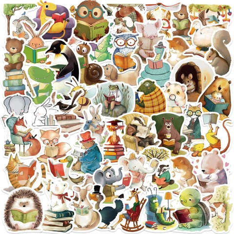 Cartoon Animals Reading Books Stickers Waterproof PVC Decals For DIY Laptop Guitar Skateboard Stationery Scrapbooking Journaling