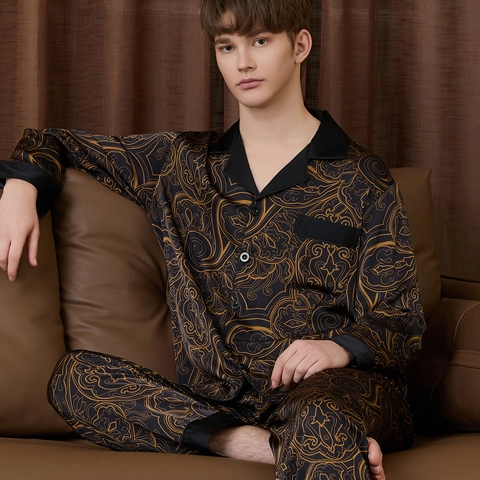 Pigiama da Uomo in Raso Maglia e Pantaloni Lussuosa Biancheria da Notte Silky Loungewear Manica Lunga Con Revers Taschino Bordino