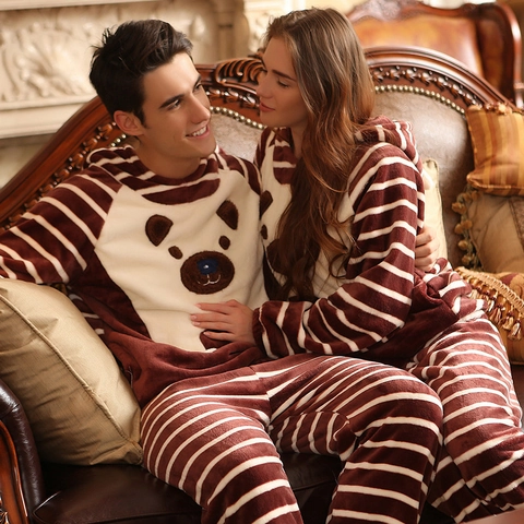Pärchen Flanell Schlafanzug Set Verdickt Winter Warm Loungewear Süß Cartoon Gestreift Langarm Mit Kapuze Nachtwäsche Oberteil Und Hose