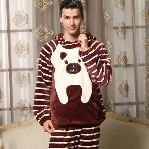 Pärchen Flanell Schlafanzug Set Verdickt Winter Warm Loungewear Süß Cartoon Gestreift Langarm Mit Kapuze Nachtwäsche Oberteil Und Hose