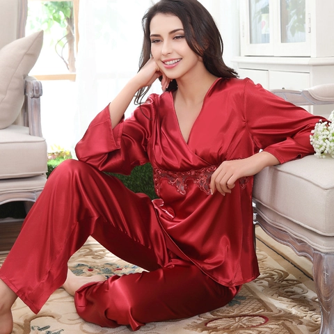 Women Luxury Satin Sleepwear Top And Pants Lace Patchwork V Neck Home Service Suits Long Sleeve Pajamas