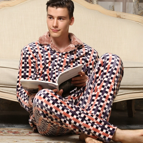 Pijama de Franela Engrosada para Hombre Camisa y Pantalón Cálido Coral Fleece Casual Rayado Patrón Animal Home Wear