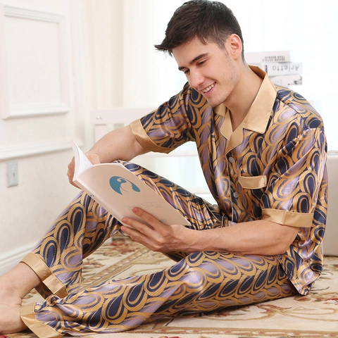 Pigiama da Uomo di Lusso in Raso Set Camicia a Maniche Corte e Pantaloni con Motivo Foglia Geometrico Abbigliamento da Casa