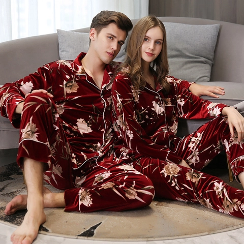 Pigiama di Coppia in Velluto Dorato Manica Lunga Stampa Floreale Vintage Biancheria da Notte Lusso Homewear Top e Pantaloni