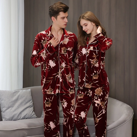 Pigiama di Coppia in Velluto Dorato Manica Lunga Stampa Floreale Vintage Biancheria da Notte Lusso Homewear Top e Pantaloni