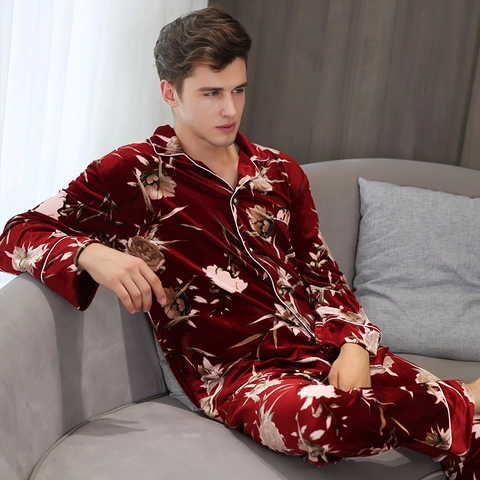 Men Gold Velvet Pajamas Set Top And Pants Winter Warm Loungewear Long Sleeve Lapel Sleepwear Star Letter Print Home Service