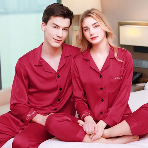 Set Pigiama di Raso per Coppia Manica Lunga Simil Seta Abbigliamento da Notte con Bottoni per Donna Uomo Tinta Unita