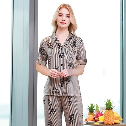 Dames Elegant Satijn Pyjamaset Korte Mouw Top Met Knopen En Lange Broek Bloemenprint Loungewear Set
