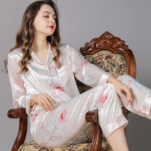 Pijama de Satén para Mujer Top Y Pantalones Manga Larga Estampado Con Botones Ropa de Dormir Elegante Floral
