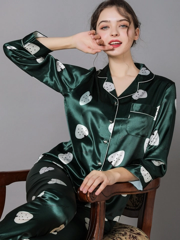 Pijama de Satén para Mujer Top Y Pantalones Manga Larga Estampado Con Botones Ropa de Dormir Elegante Floral