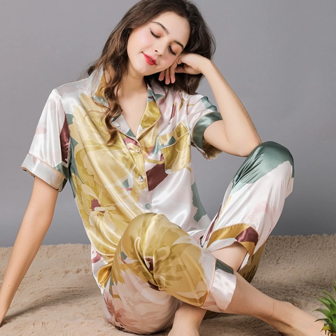 Damen Satin Seide Schlafanzug Set Kurzarm Knopfleiste Top Und Lange Hose Blumendruck Elegante Loungewear Nachtwäsche