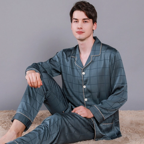 Luxus Herren Satin Schlafanzug Set Karo Streifen Print Langarm Knopf Nachtwäsche Mit Kontrastpaspel Home Loungewear