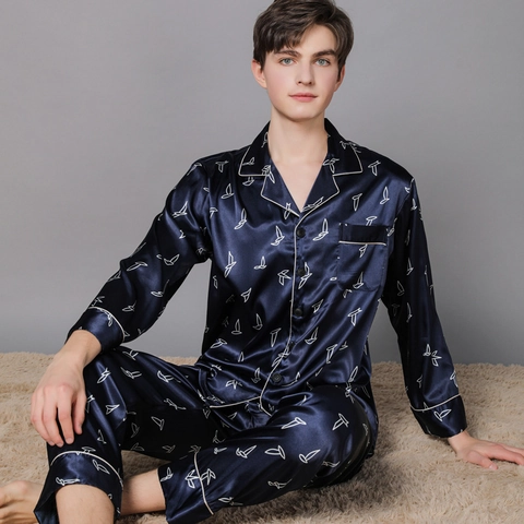 Completo Pigiama in Raso da Uomo Camicia a Maniche Lunghe Con Bottoni e Pantaloni Morbido Abbigliamento da Casa Simil Seta