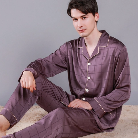 Luxus Herren Satin Schlafanzug Set Karo Streifen Print Langarm Knopf Nachtwäsche Mit Kontrastpaspel Home Loungewear