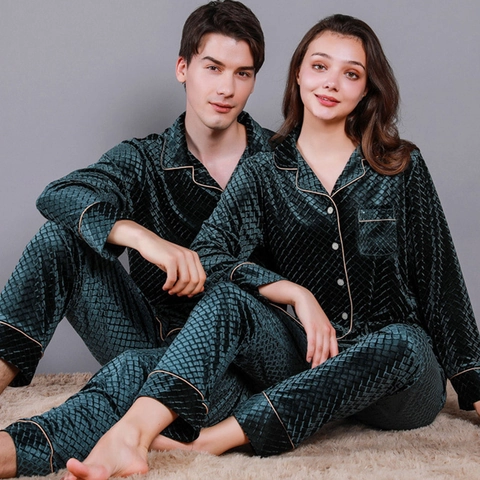 Couples Velvet Pajama Top And Pants Rhombus Pattern Contrast Piping Turn Down Collar Long Sleeve Sleepwear For Men Women