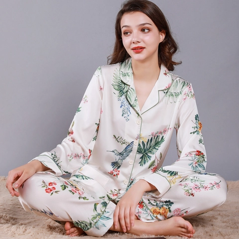 Women's Satin Pajama Top And Pants Loungewear Tropical Floral Bird Print Button Down Sleepwear Long Sleeve Home Wear