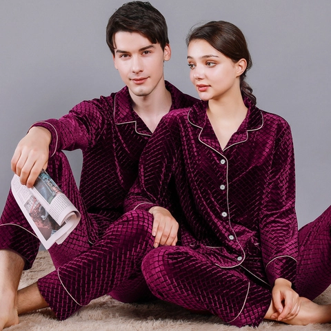 Couples Velvet Pajama Top And Pants Rhombus Pattern Contrast Piping Turn Down Collar Long Sleeve Sleepwear For Men Women