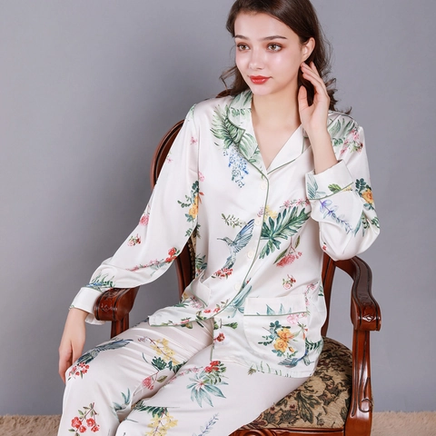 Women's Satin Pajama Top And Pants Loungewear Tropical Floral Bird Print Button Down Sleepwear Long Sleeve Home Wear