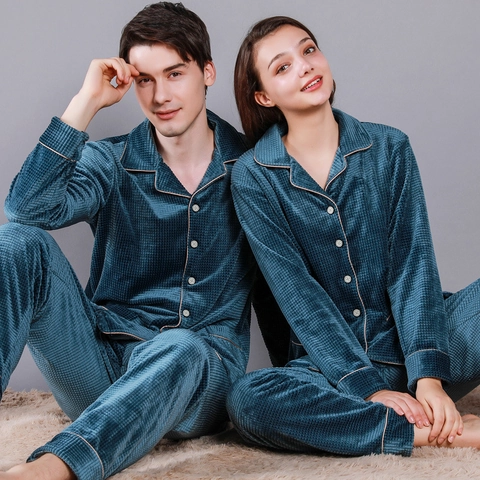 Couples Waffle Texture Velvet Pajamas Set Thickened Winter Long Sleeve Sleepwear For Men Women Button Down Homewear