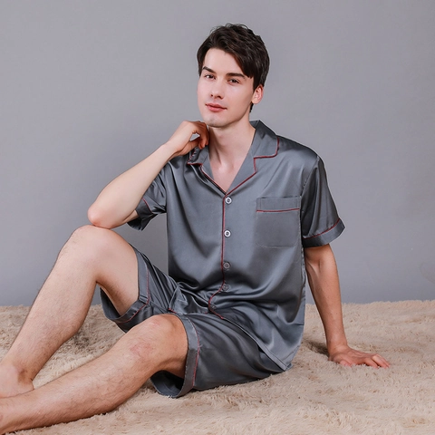 Men's Satin Pajamas Short Sleeve Top And Shorts Loungewear Contrast Piping Button Down Sleepwear Home Suit Soft Nightwear