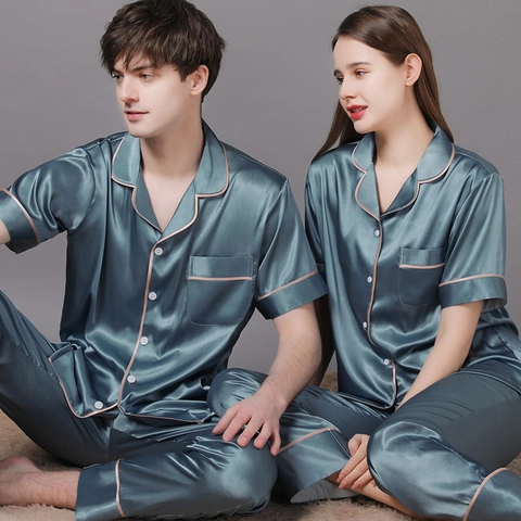 Paare Satin Schlafanzug Set Kurzarm Revers Oberteil und Lange Hose Nachtwäsche Mit Kontrastpaspelierung Für Damen Herren Homewear