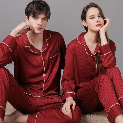Πολυτελές Σετ Πιτζάμας Satin για Ζευγάρια Houndstooth Αντίθεση Piping Μακρυμάνικο Τοπ και Παντελόνι για Άνδρες Γυναίκες