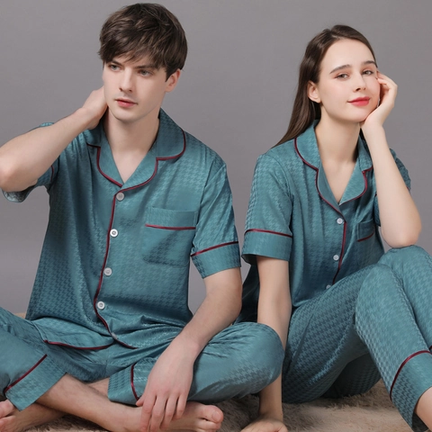 Set Pigiama di Coppia in Raso Motivo Pied de Poule Top a Maniche Corte Pantaloni Lunghi Bordino a Contrasto Donna Uomo
