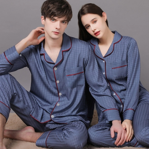 Πολυτελές Σετ Πιτζάμας Satin για Ζευγάρια Houndstooth Αντίθεση Piping Μακρυμάνικο Τοπ και Παντελόνι για Άνδρες Γυναίκες