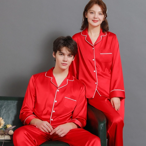 Lussuoso Pigiama in Raso per Coppie Top e Pantaloni a Maniche Lunghe Con Bordino a Contrasto Collo a Rever Abbigliamento Notte